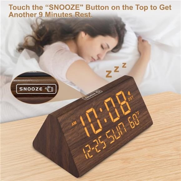 Digital Alarm Clocks for Bedrooms - Wooden Electric Clock with USB Ports, Date - Picture 4 of 6